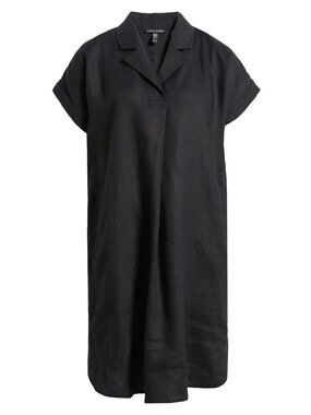Eileen Fisher Black Organic Linen Notch Collar Boxy Fit Knee length dress M